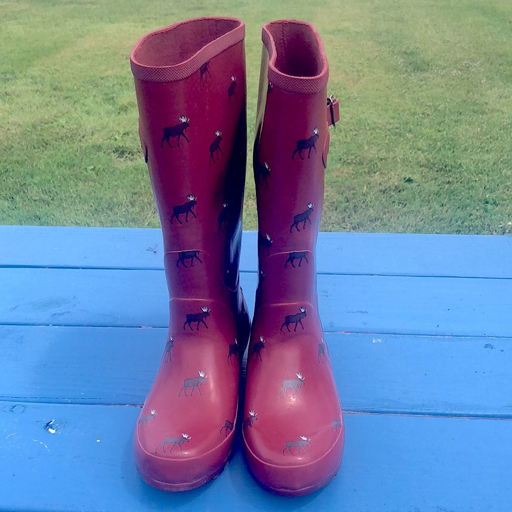 LL Bean Iconic Moose Pattern Rain Boots Size 7